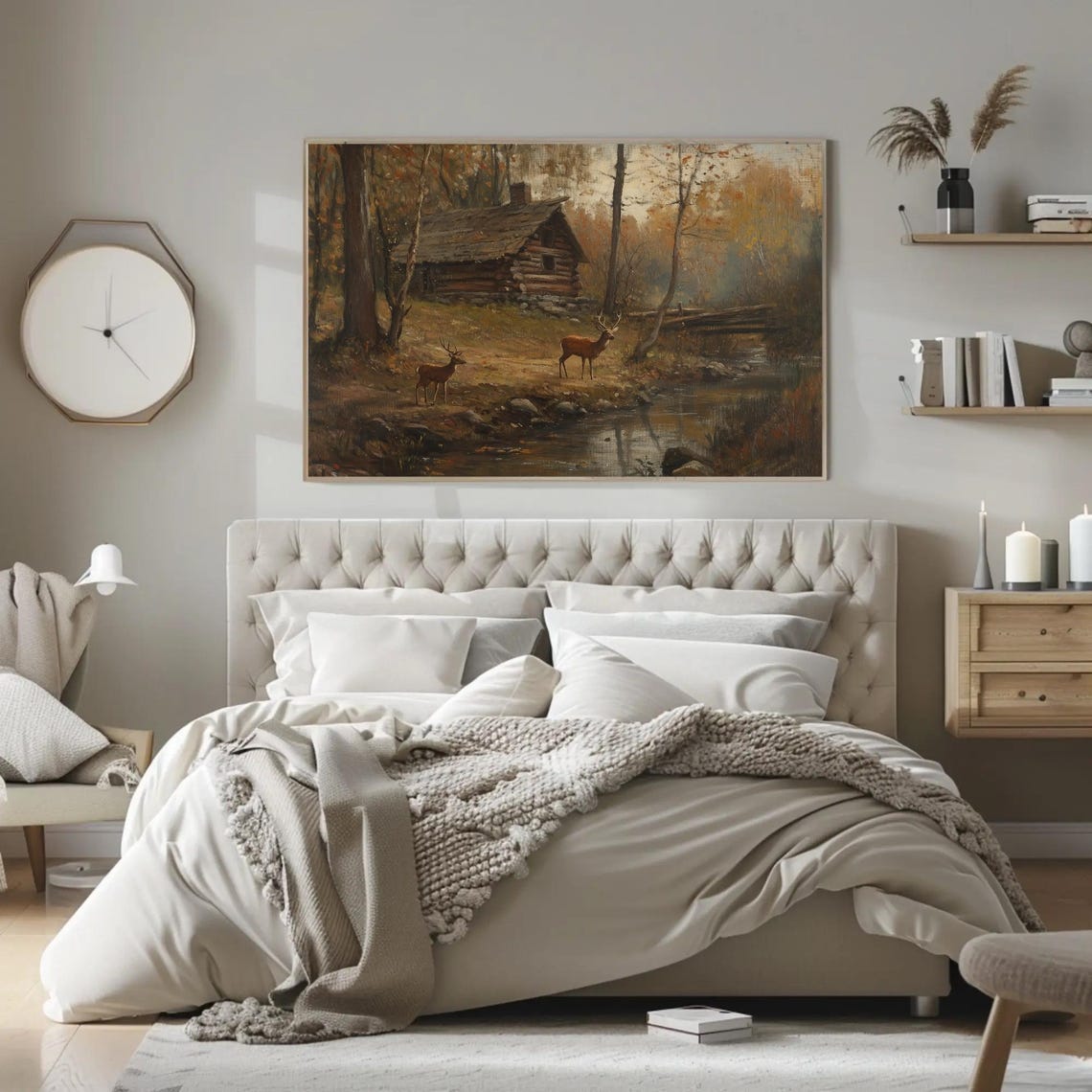 Rustic Log Cabin By A Stream With Stags In Moody Forest Poster - Image 2
