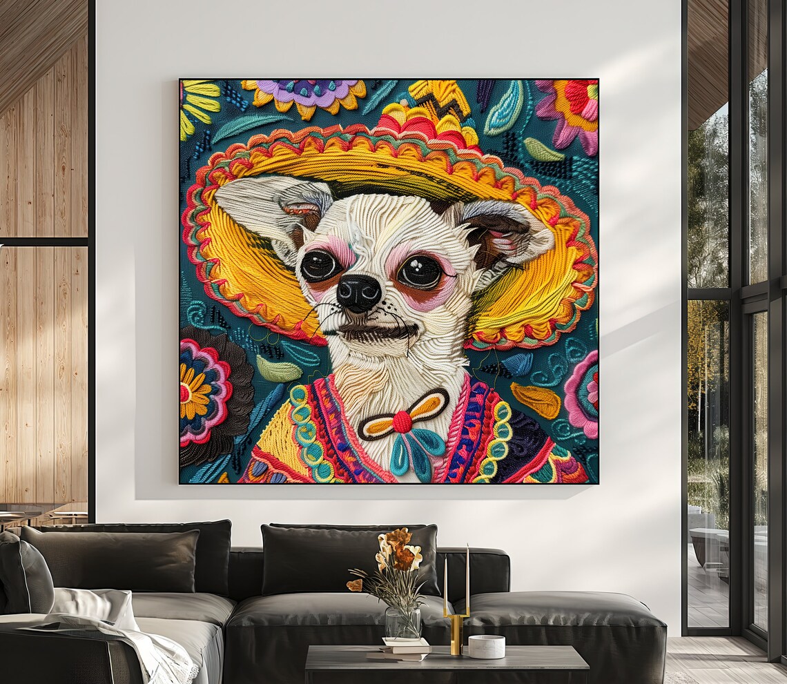 Chihuahua in Sombrero Huichol Yarn Art Poster Mexican Folk Decor - Image 5