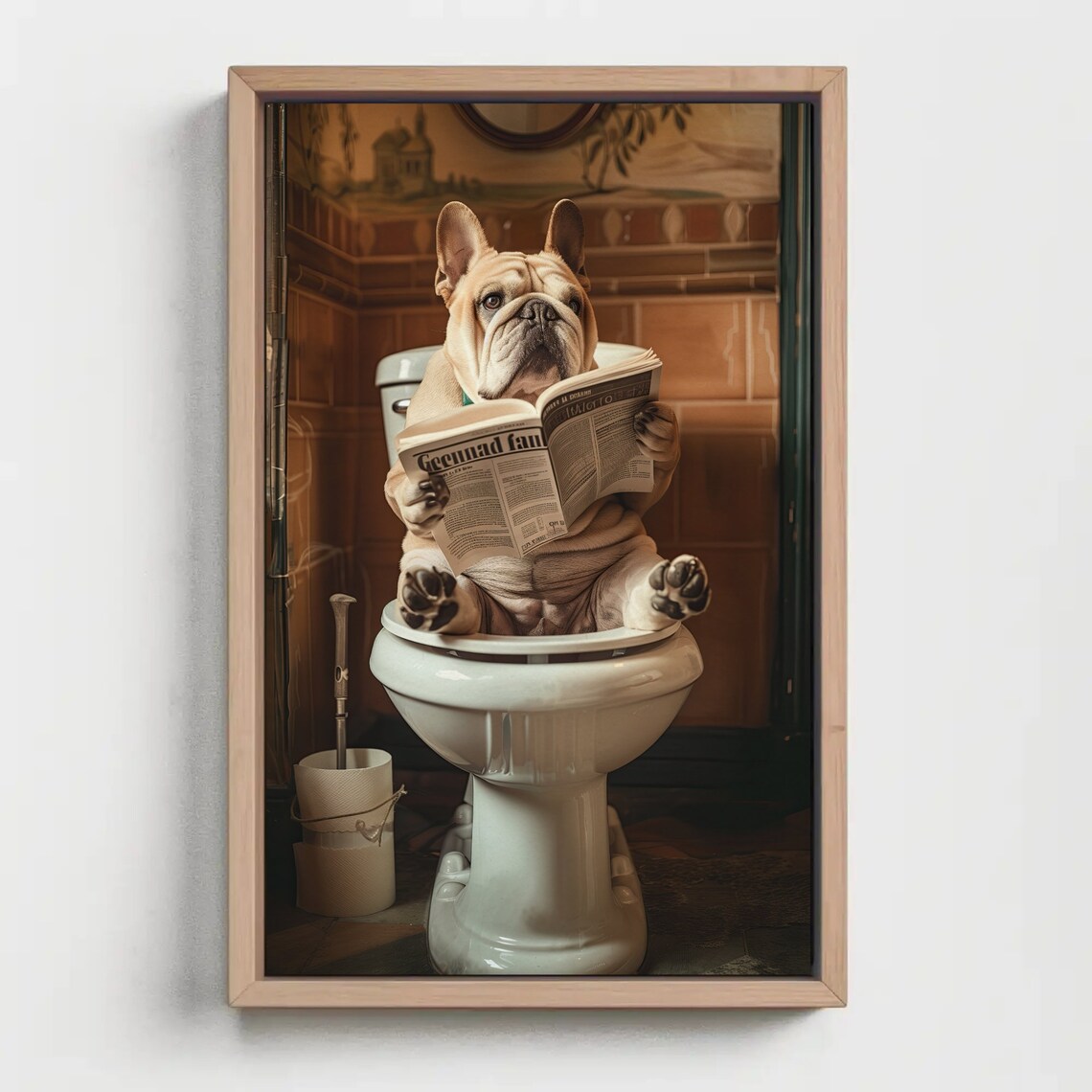 French Bulldog Reading Newspaper on Toilet Funny Bathroom Poster