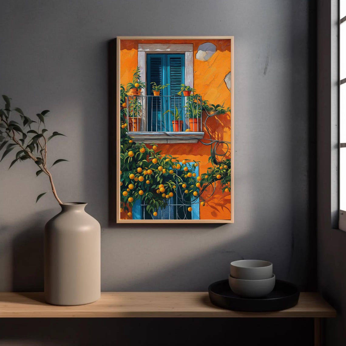 Mediterranean Balcony with Orange Tree Window Scene Wall Poster - Image 3