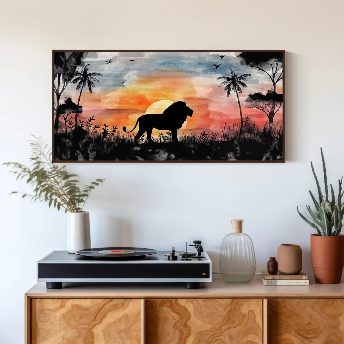 Majestic Lion Silhouette Watercolor Fiery Savannah Sunset Poster - Image 4