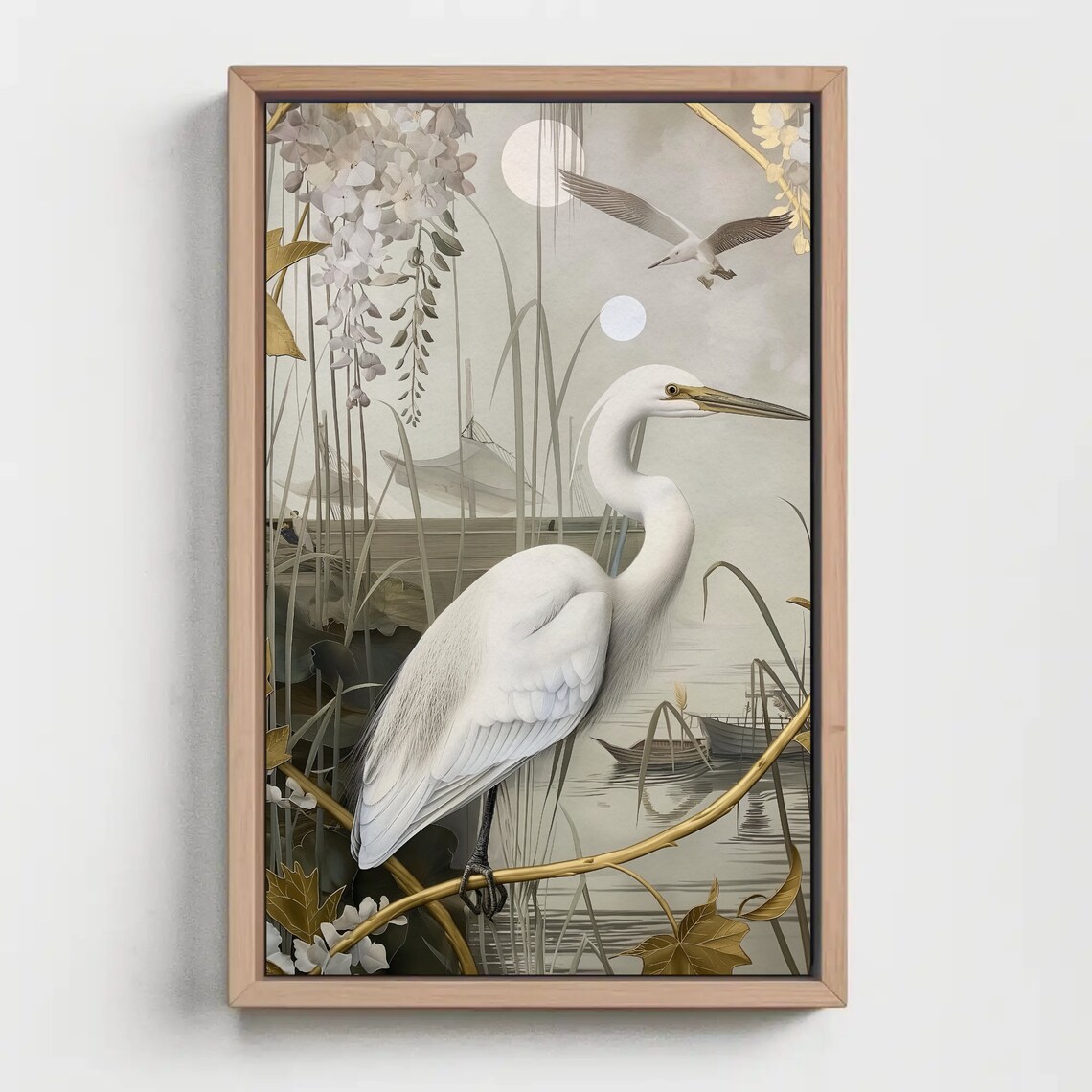Gold White Great Egret Moonlit Reeds Chinoiserie Style Wall Art - Image 3