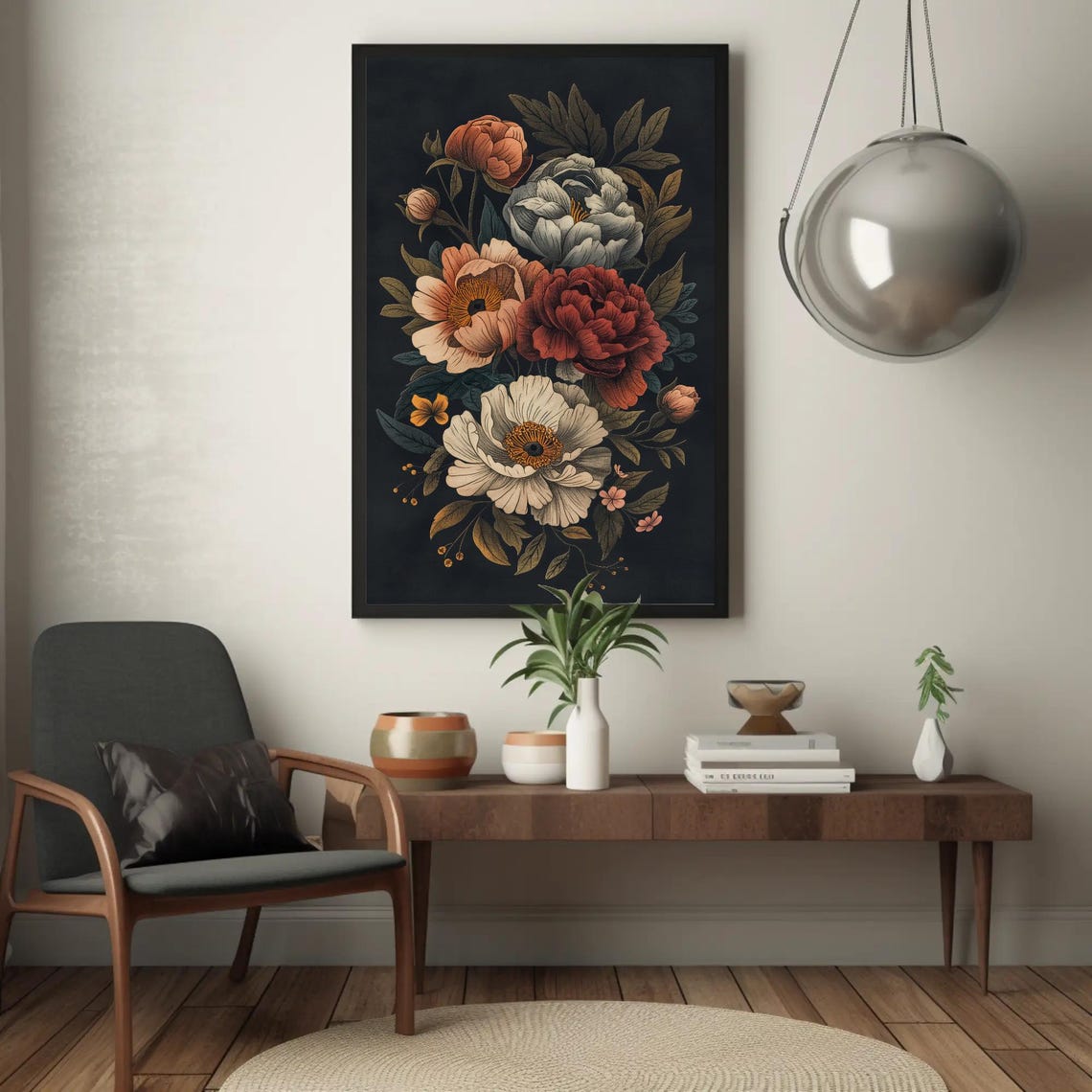 Dark Moody Peonies Vintage Botanical Black Background Floral Wall Art - Image 5