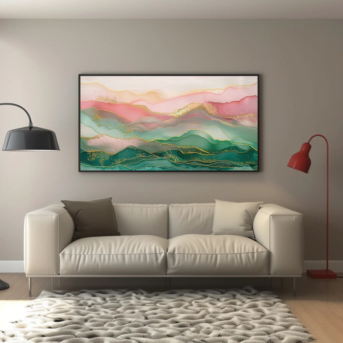Pink and Green Abstract Mountain Landscape Art Print - Image 5