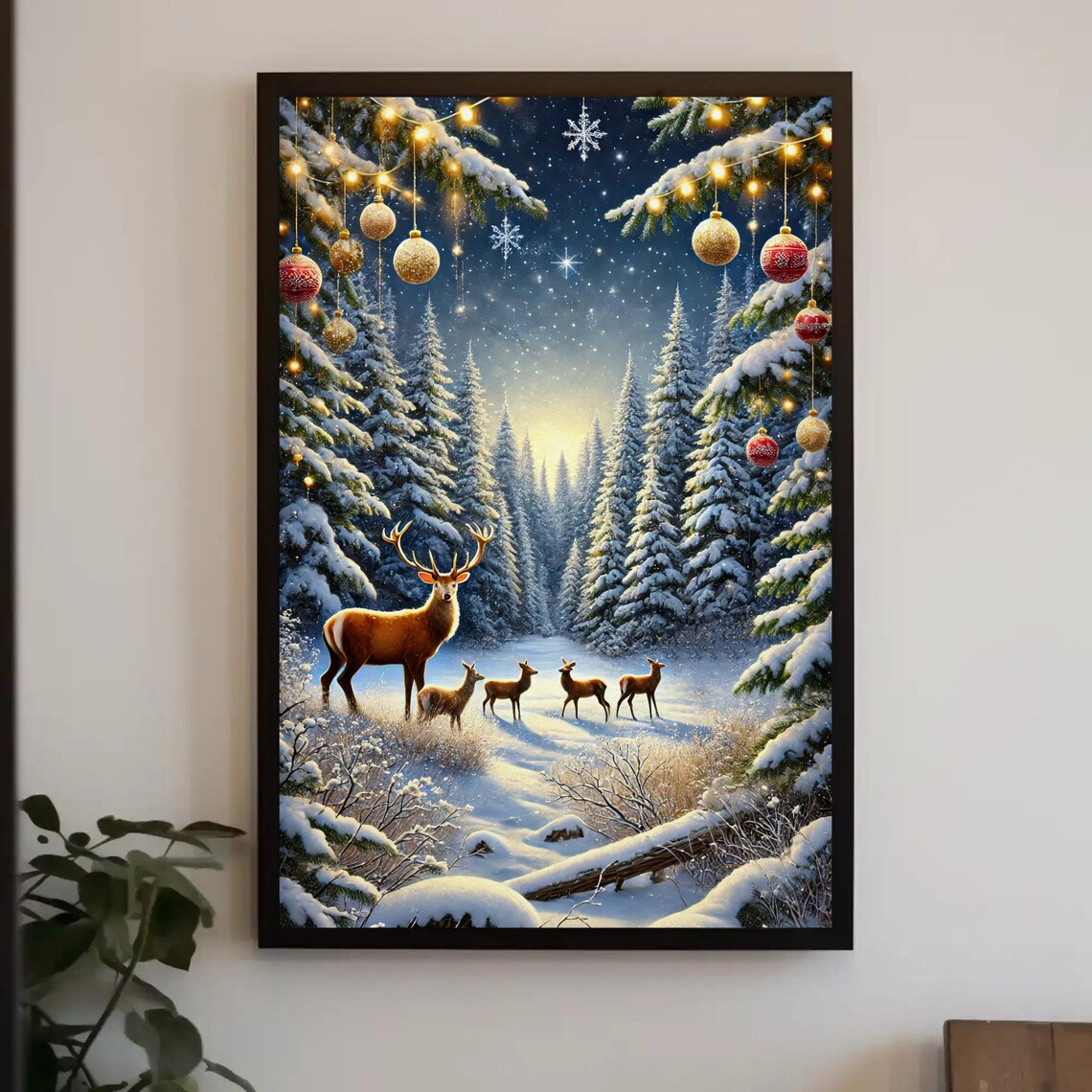 Deer Family In A Snowy Christmas Forest Under The Lights Poster