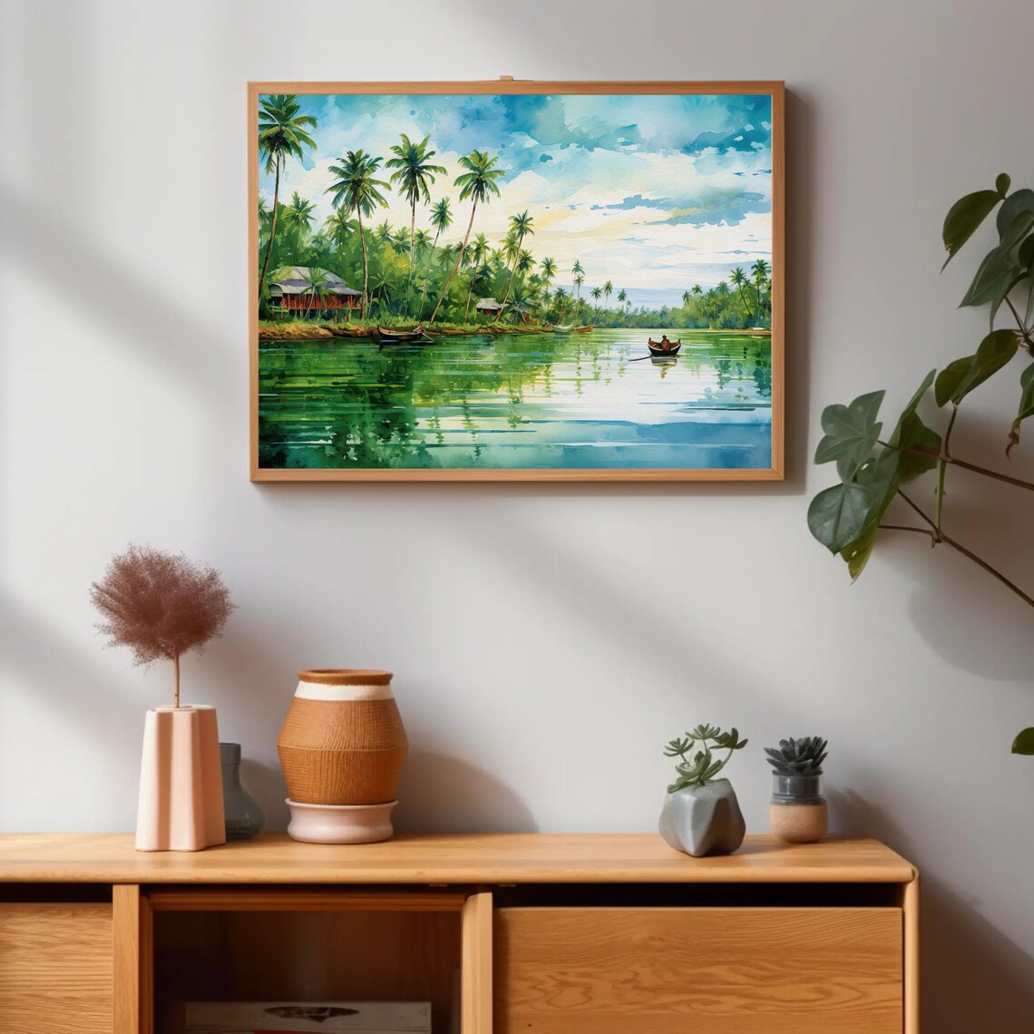 Tropical Backwater River Palm Trees Boats Scenic View Poster - Image 2