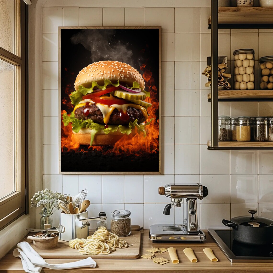 Gourmet Cheeseburger with Flames Juicy Food Photography Kitchen Poster - Image 3