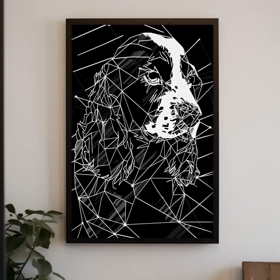 Geometric Dog Head White Line Black Background Modern Wall Art