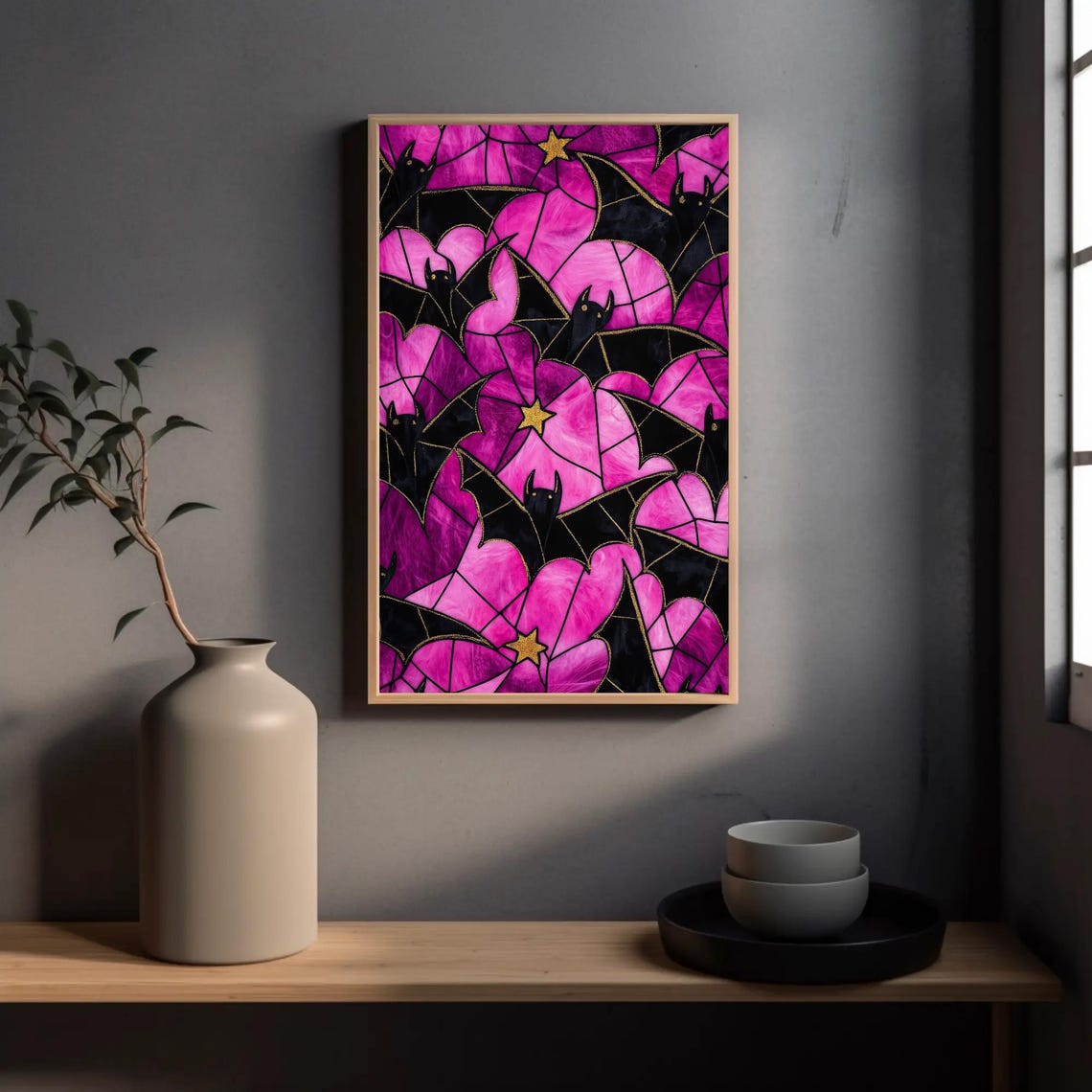 Pink Stained Glass Bats With Gold Stars Halloween Gothic Poster - Image 5