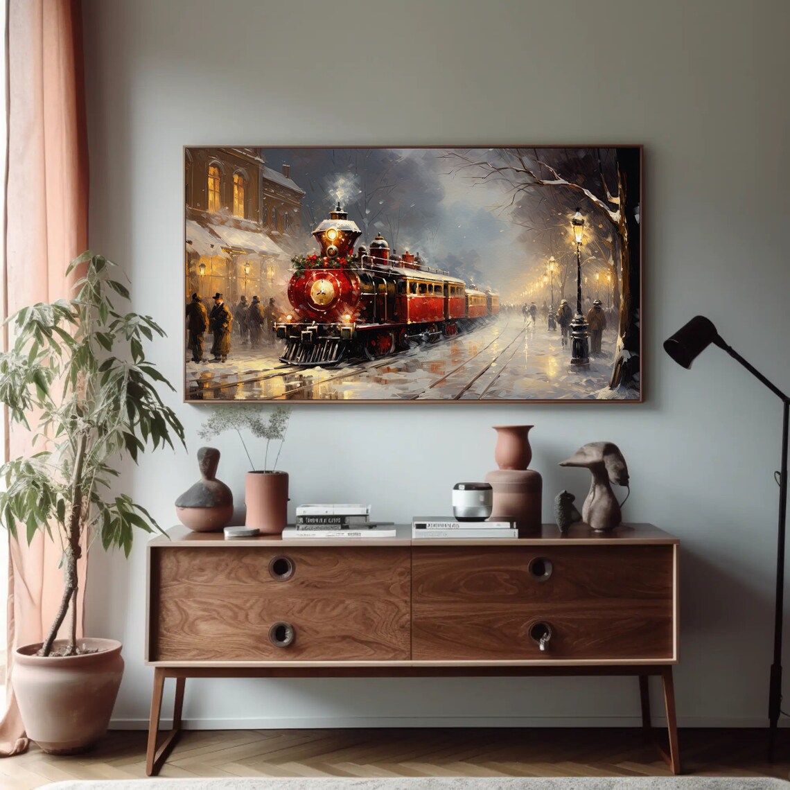 Vintage Red Steam Train Christmas Snowy Night Holiday Scene Poster - Image 5