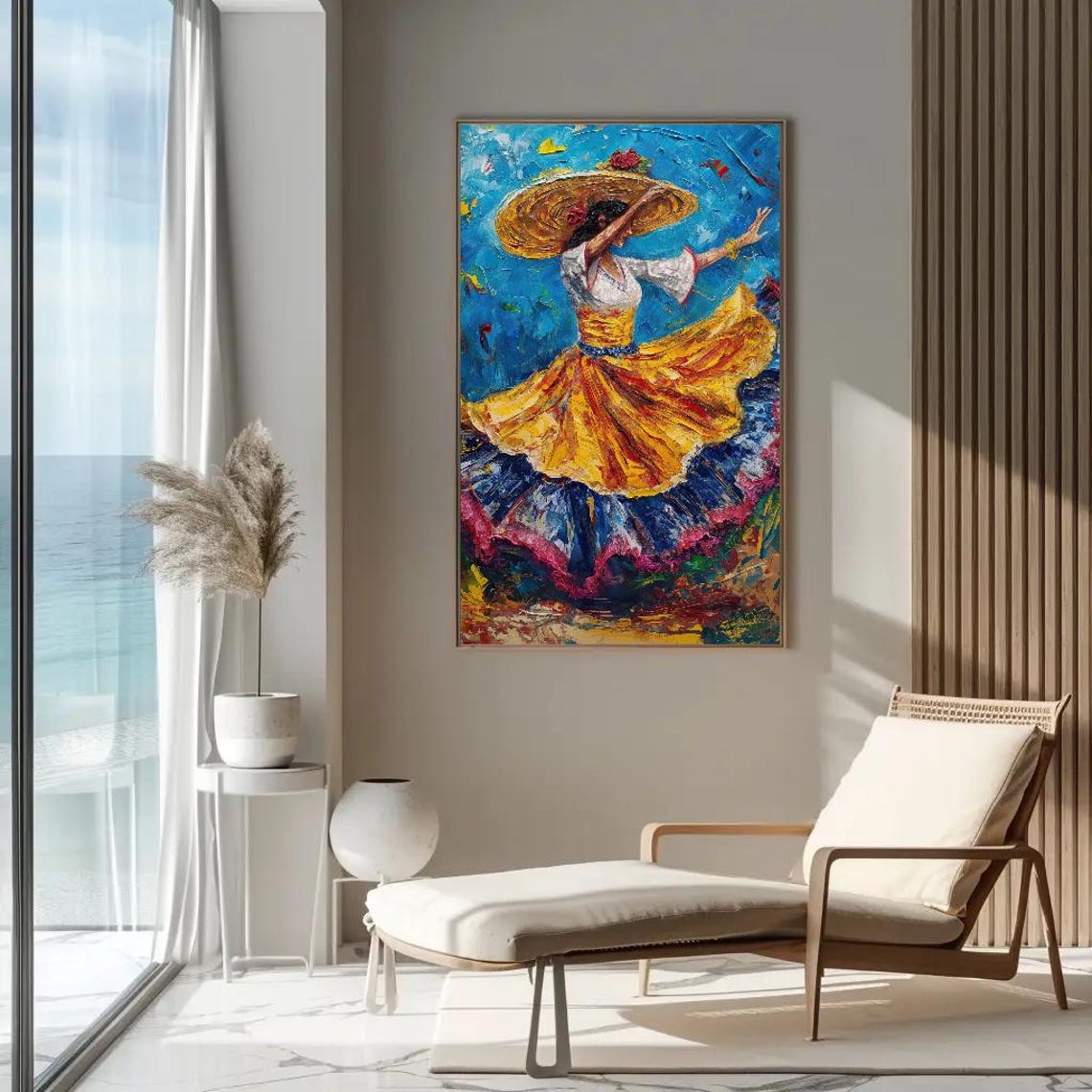 El Salvador Dance Oil Painting Salvadorian Girl Folk Dance Art Framed Ethnic Art For Living Room Bedroom Studio Ready To Hang - Image 5