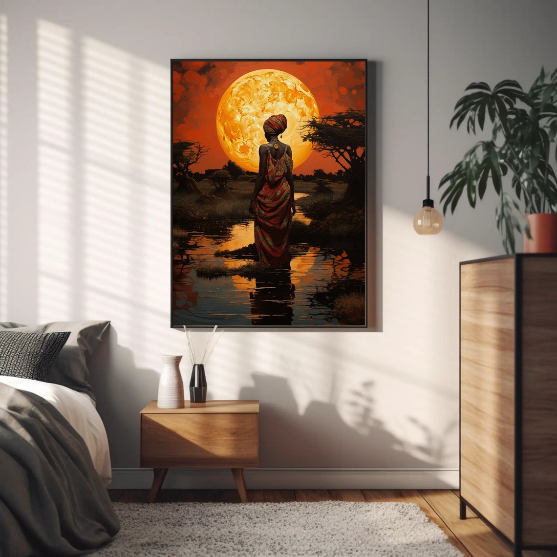 African Woman Before Giant Orange Moon Over Still Water Poster - Image 2