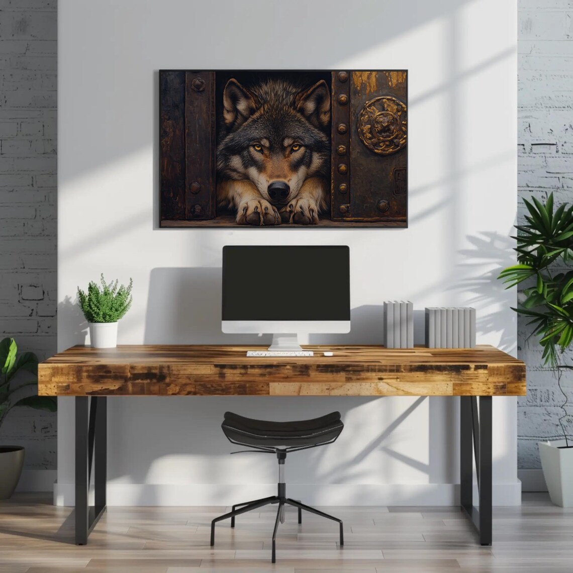 Wolf Peeking Through An Ancient Metal Door Fantasy Art Poster - Image 2