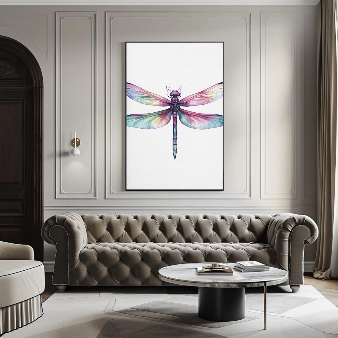 Iridescent Pink and Purple Dragonfly Watercolor on White Art Poster - Image 3