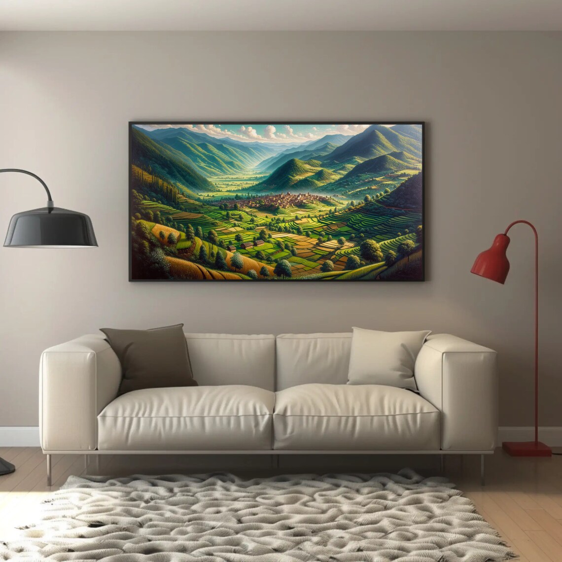 Lush Terraced Green Valley With Mountain Village Panorama Poster - Image 3