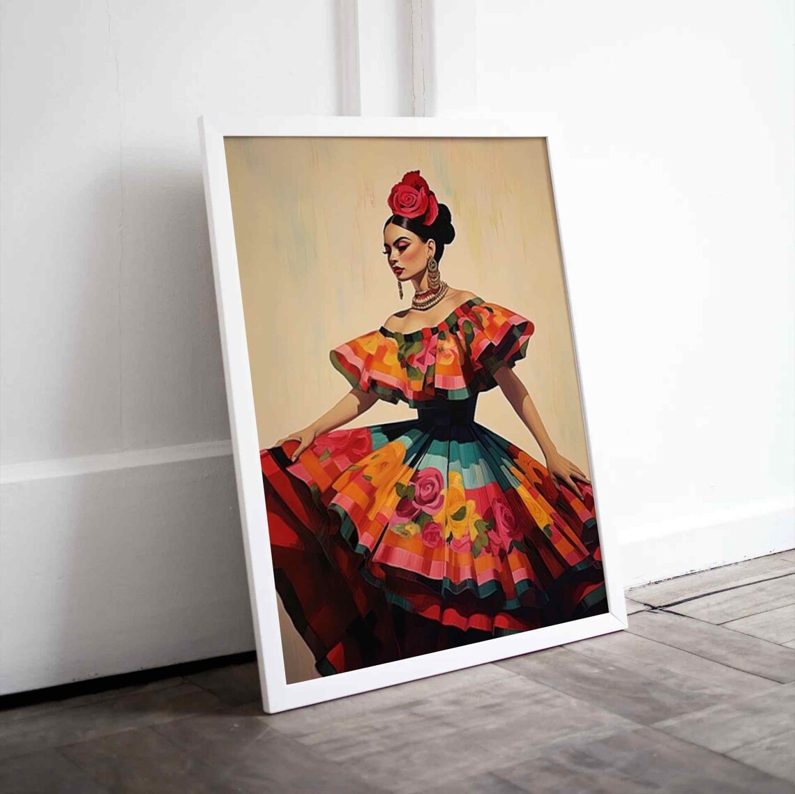 Mexican Woman in Festive Folk Dress With Rose Portrait Poster - Image 4