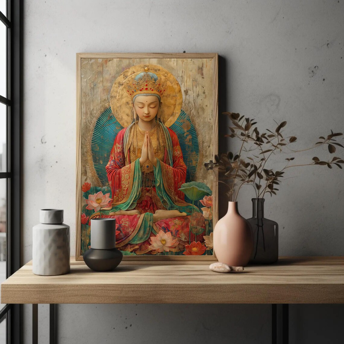 Tara Buddhist Goddess In Prayer Surrounded By Lotus Blooms Poster - Image 5