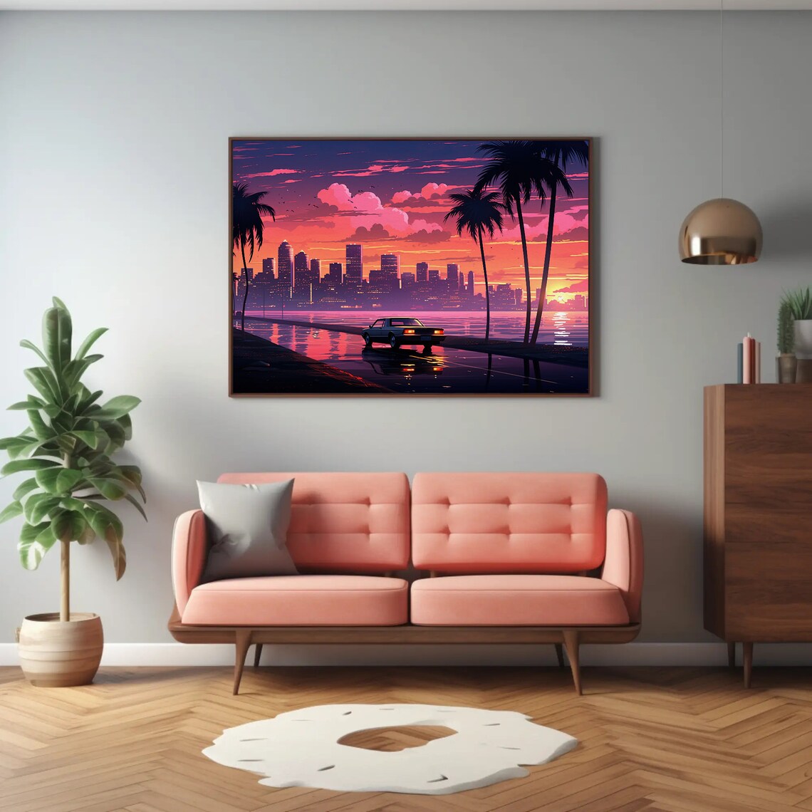 Retro Miami Vice Sunset Cityscape Palm Trees Classic Car Poster - Image 3