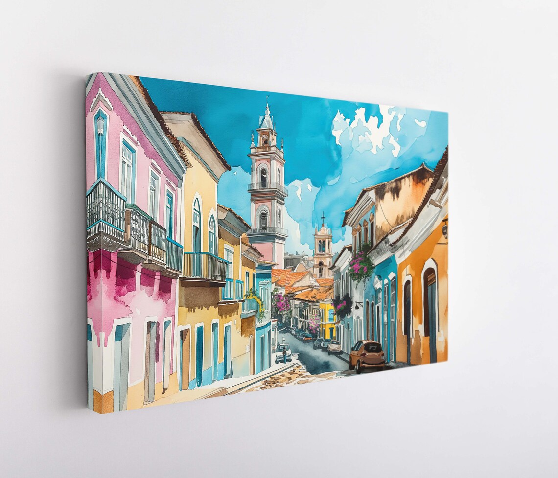 Sunny Bahia Brazil Church Towers Watercolor Street Scene Poster - Image 5