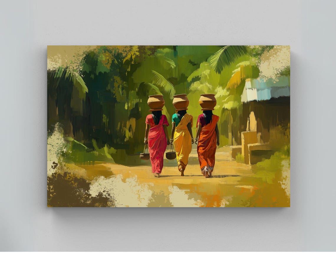 Three Village Women in Sarees Carrying Pots Abstract Art Poster