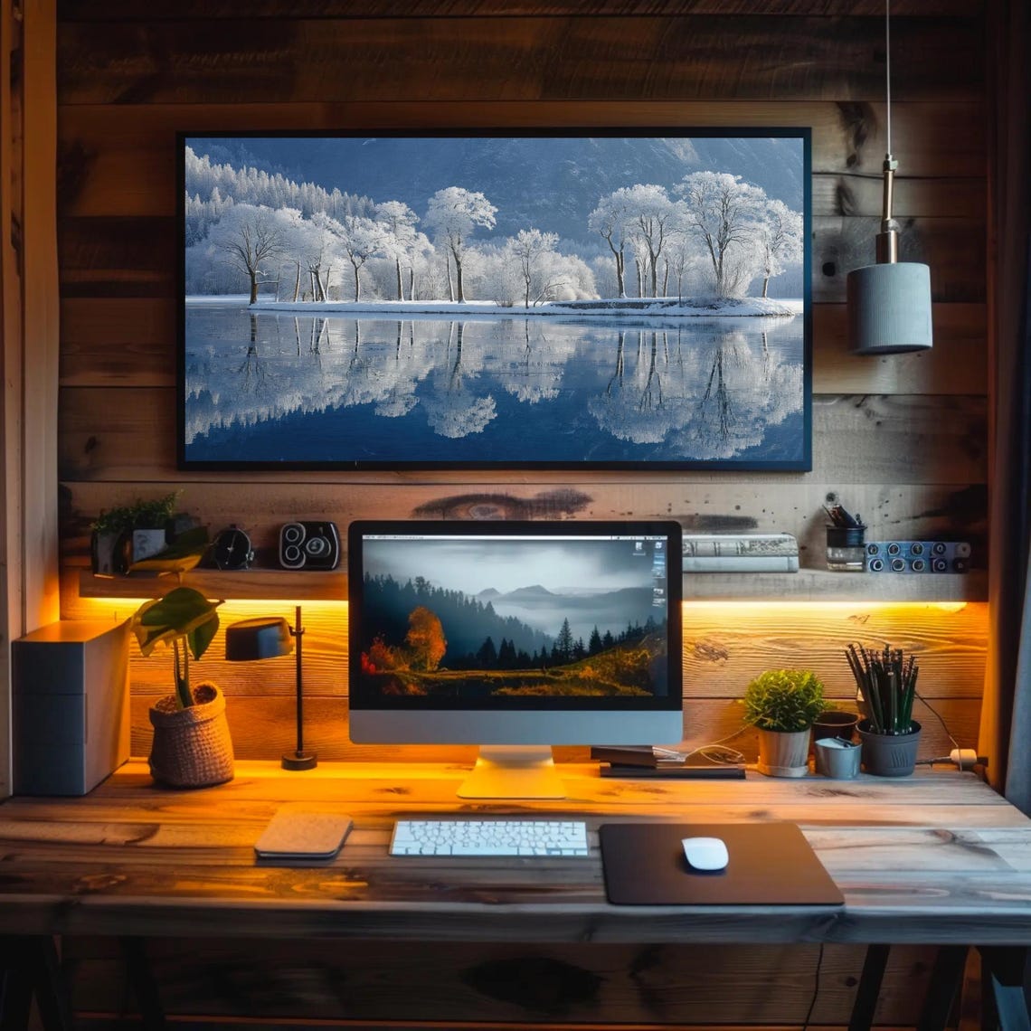 Snow Covered Trees Mirrored In A Still Winter Lake Landscape Poster - Image 3