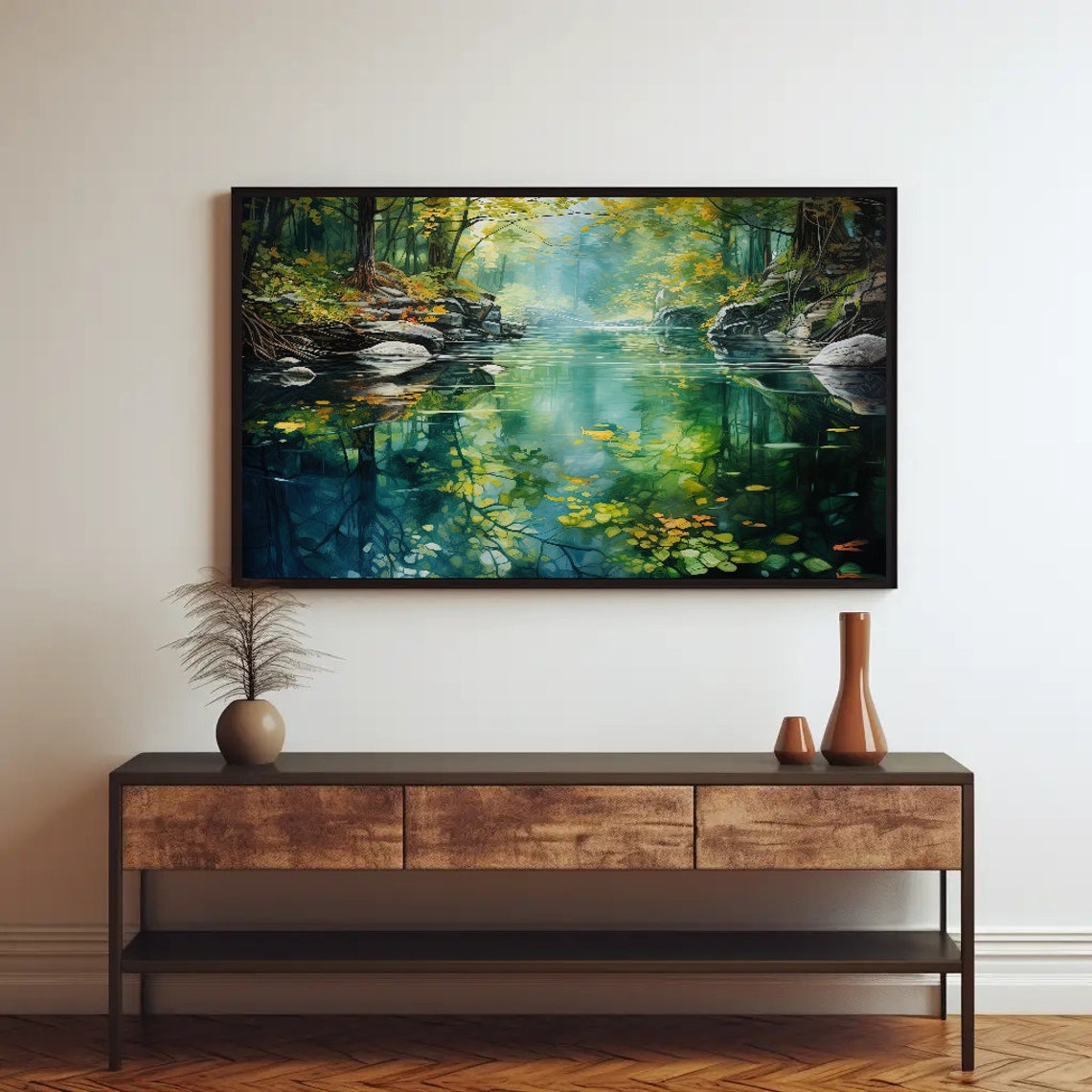 Forest Lake Mirror Reflection Clear Green Water Scene Poster - Image 3