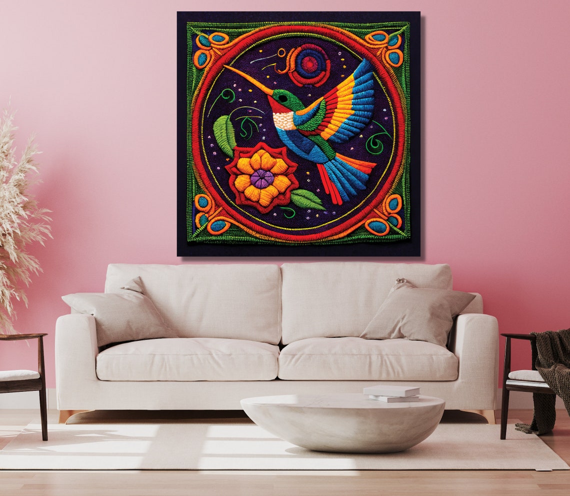Huichol Hummingbird Embroidered Floral Mexican Folk Art Poster - Image 3