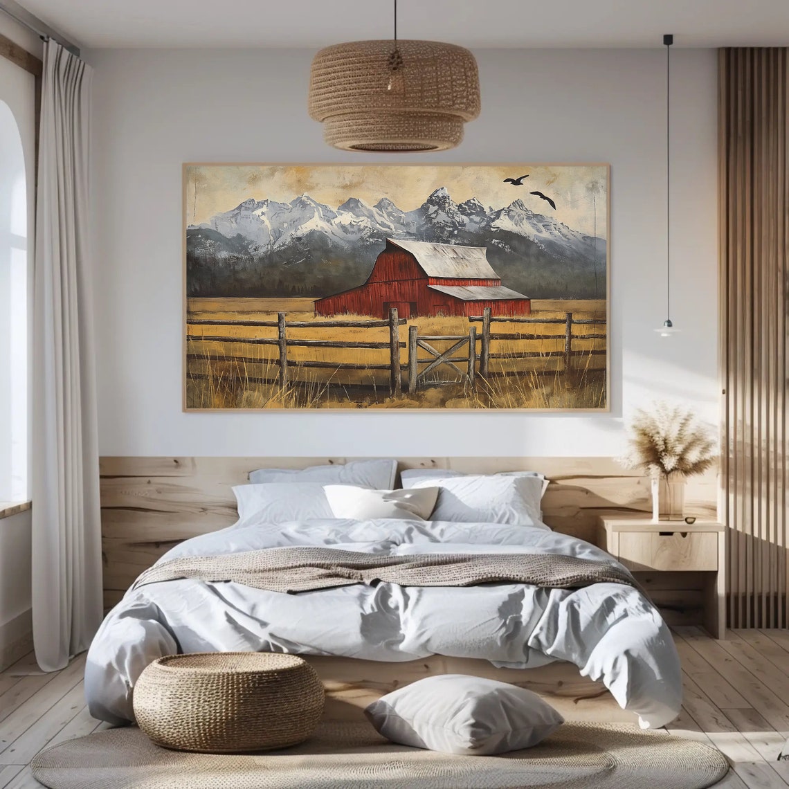 Red Barn In Golden Field Under Snowcapped Peaks Farm Art Poster - Image 2