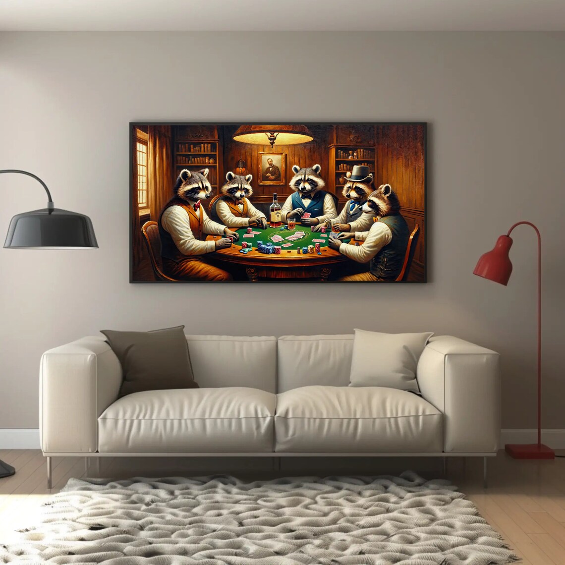Raccoons Playing Poker Around Table Whimsical Oil Painting Poster - Image 5