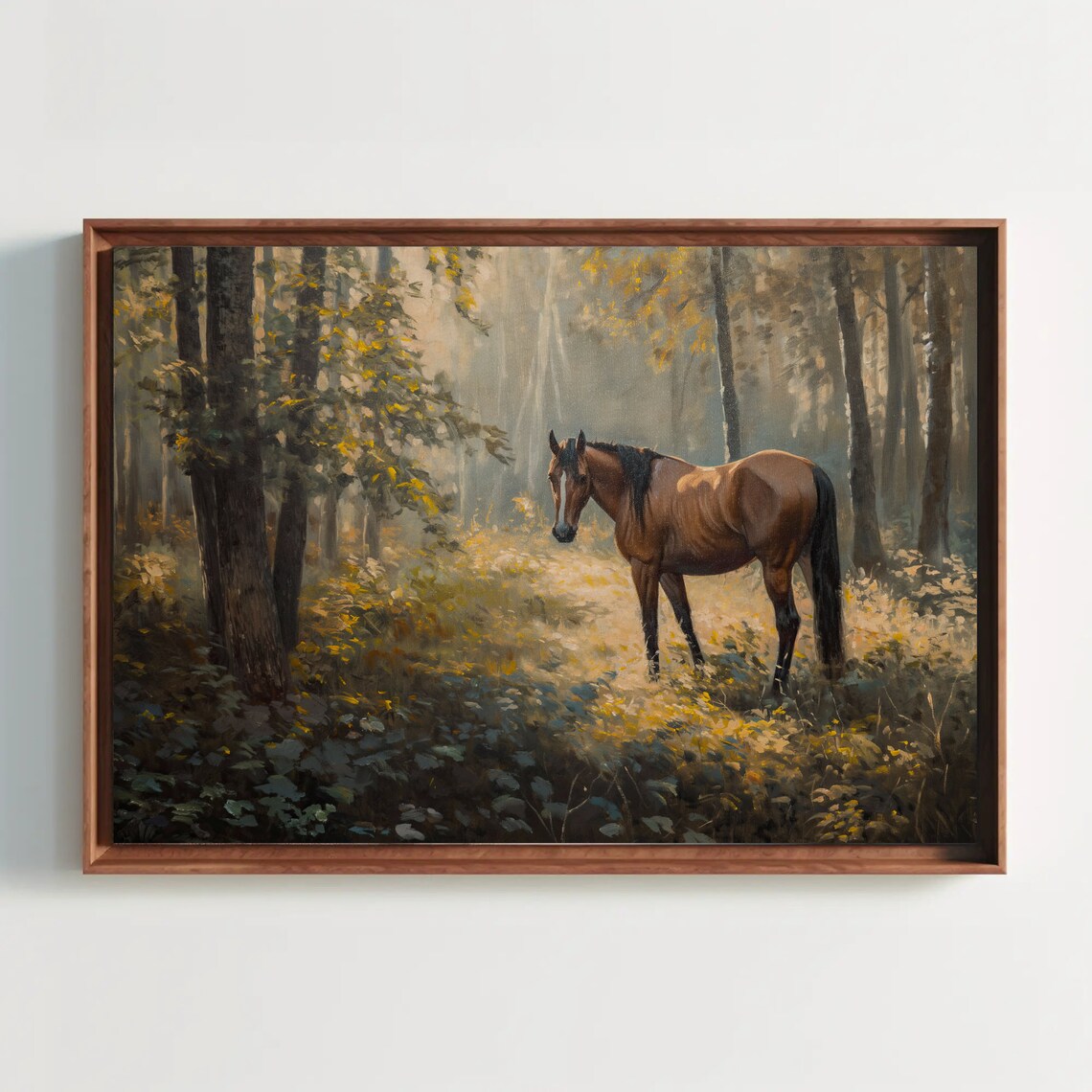 Chestnut Horse Standing in Misty Golden Autumn Forest Poster