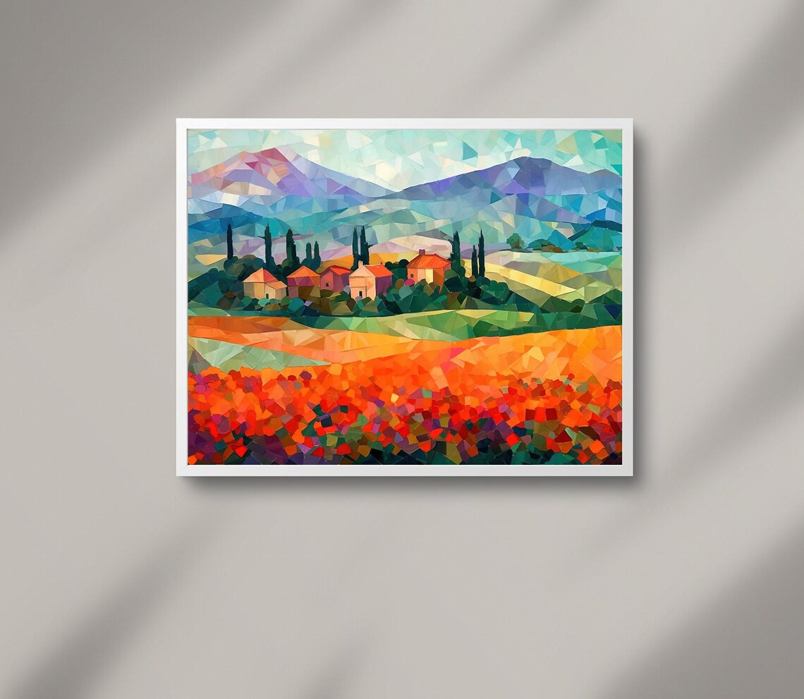 Tuscan Countryside Geometric Mosaic Farmhouses Mountains Art Print - Image 4