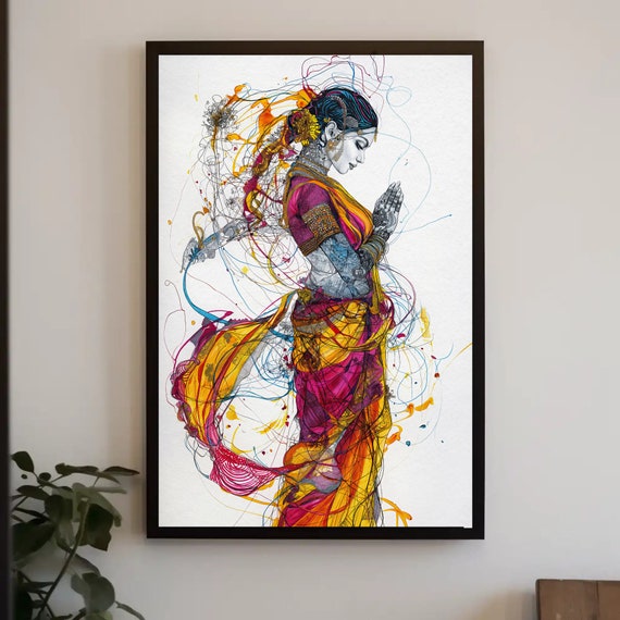 Indian Girl Welcoming Abstract Print Minimalist Wall Art Indian Cultural Decor Modern Indian Art Framed Print Ready To Hang
