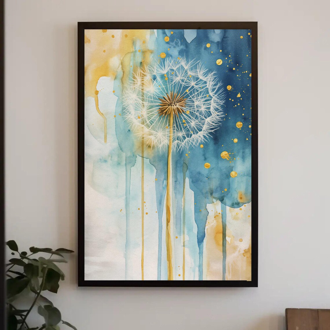 Gold Indigo Dandelion Watercolor Botanical Drip Painting Poster - Image 5