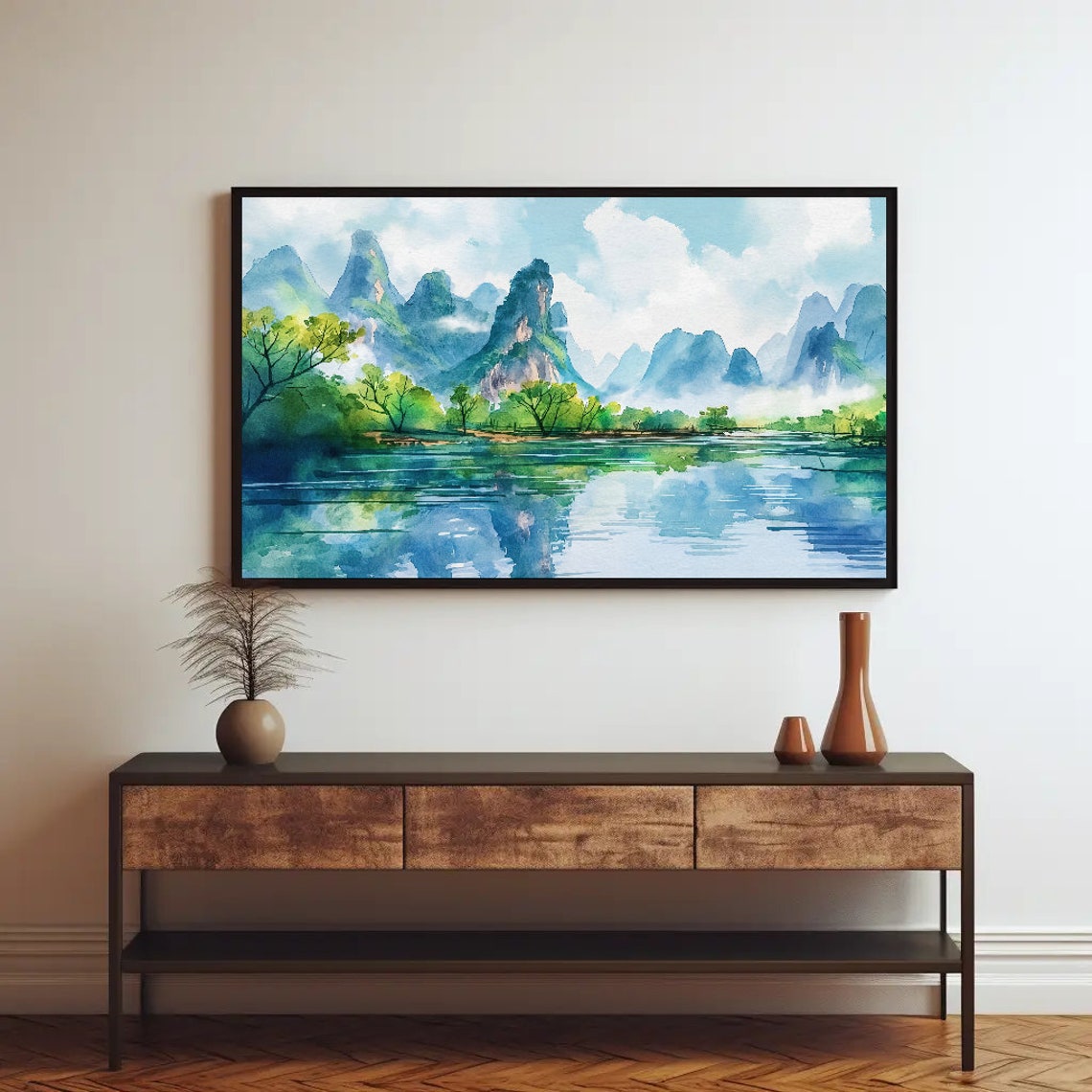 Guilin Karst Peaks Over Emerald River China Watercolor Poster - Image 4