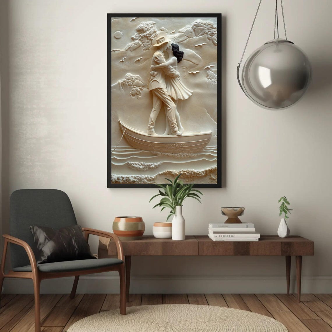 Romantic Couple Kissing On Boat White 3D Sculpted Relief Poster - Image 3