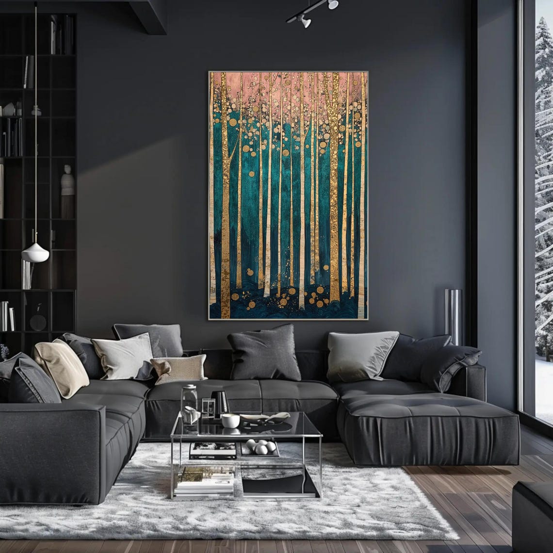 Enchanted Teal Forest With Golden Leaf Trees Woodland Poster - Image 2