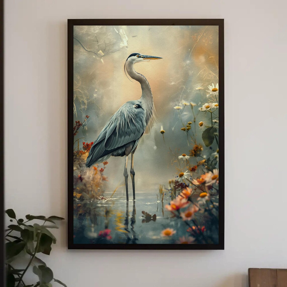 Great Blue Heron In Misty Wetland With Wildflowers Art Poster