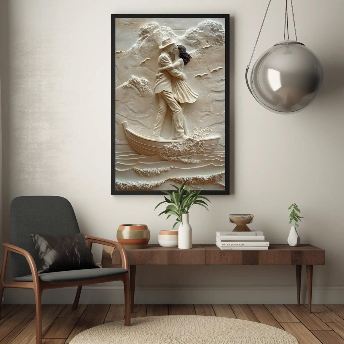 Romantic Couple Kissing on Boat White Sculpture Style Wall Art - Image 3