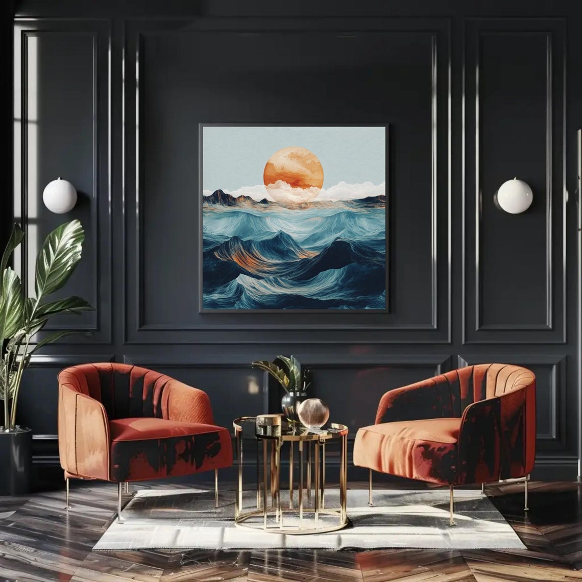 Rolling Teal Ocean Waves Beneath Giant Orange Sun Dreamy Poster - Image 4