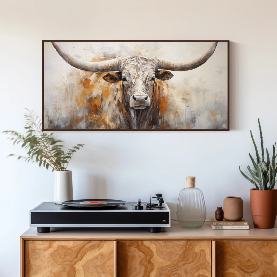 Abstract Texas Longhorn Portrait in Muted Gold and Gray Poster - Image 3