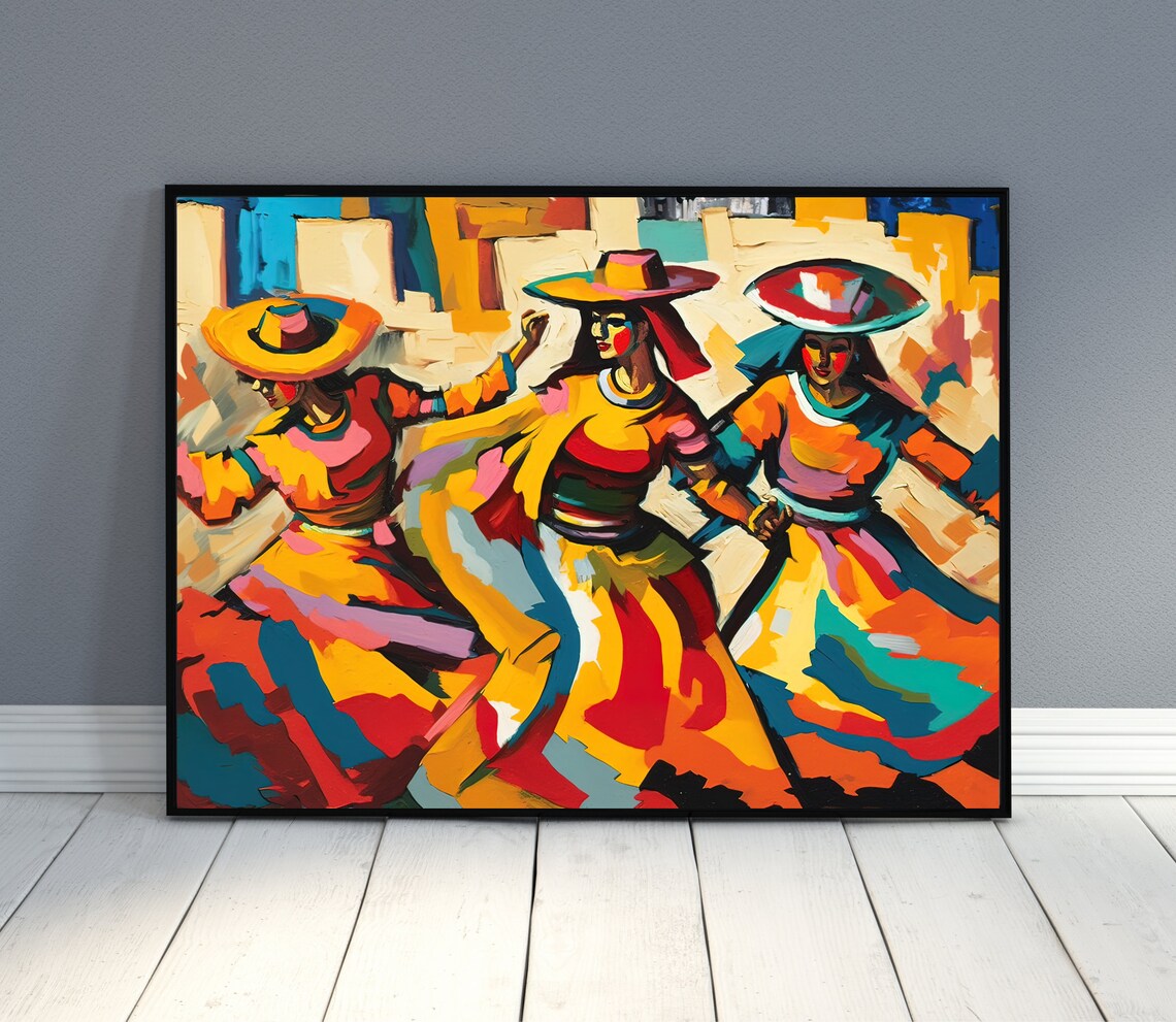 Mexican Folk Dancers in Bright Costumes and Sombreros Oil Painting Poster - Image 2