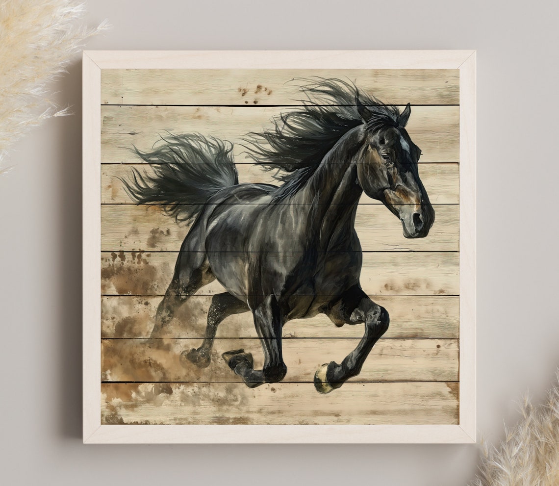 Galloping Black Stallion Horse Rustic Wood Panel Wall Poster - Image 4