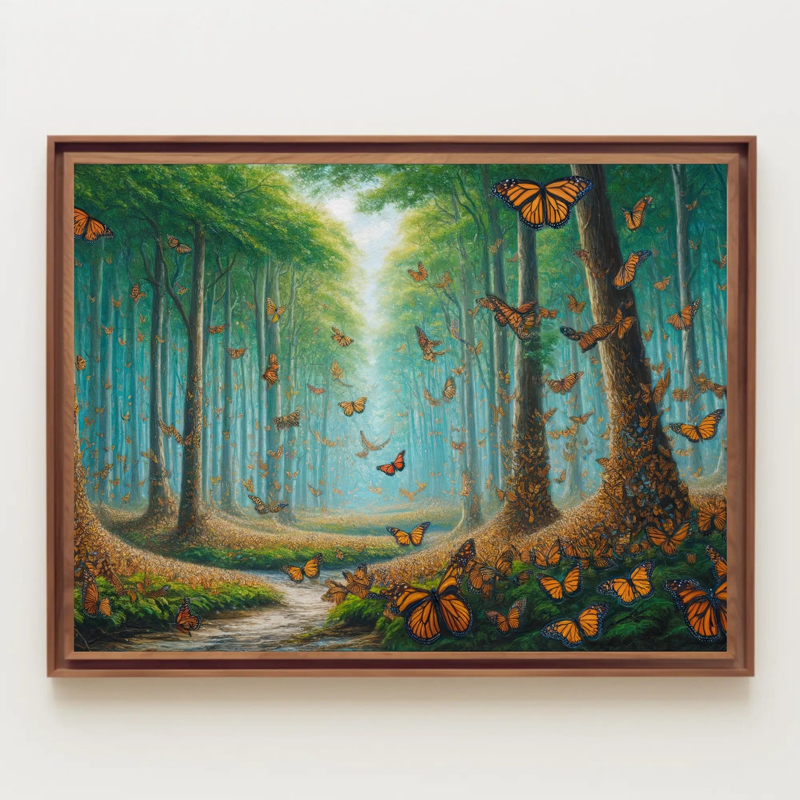 Monarch Butterflies Filling a Sunlit Green Forest Sanctuary Poster - Image 5
