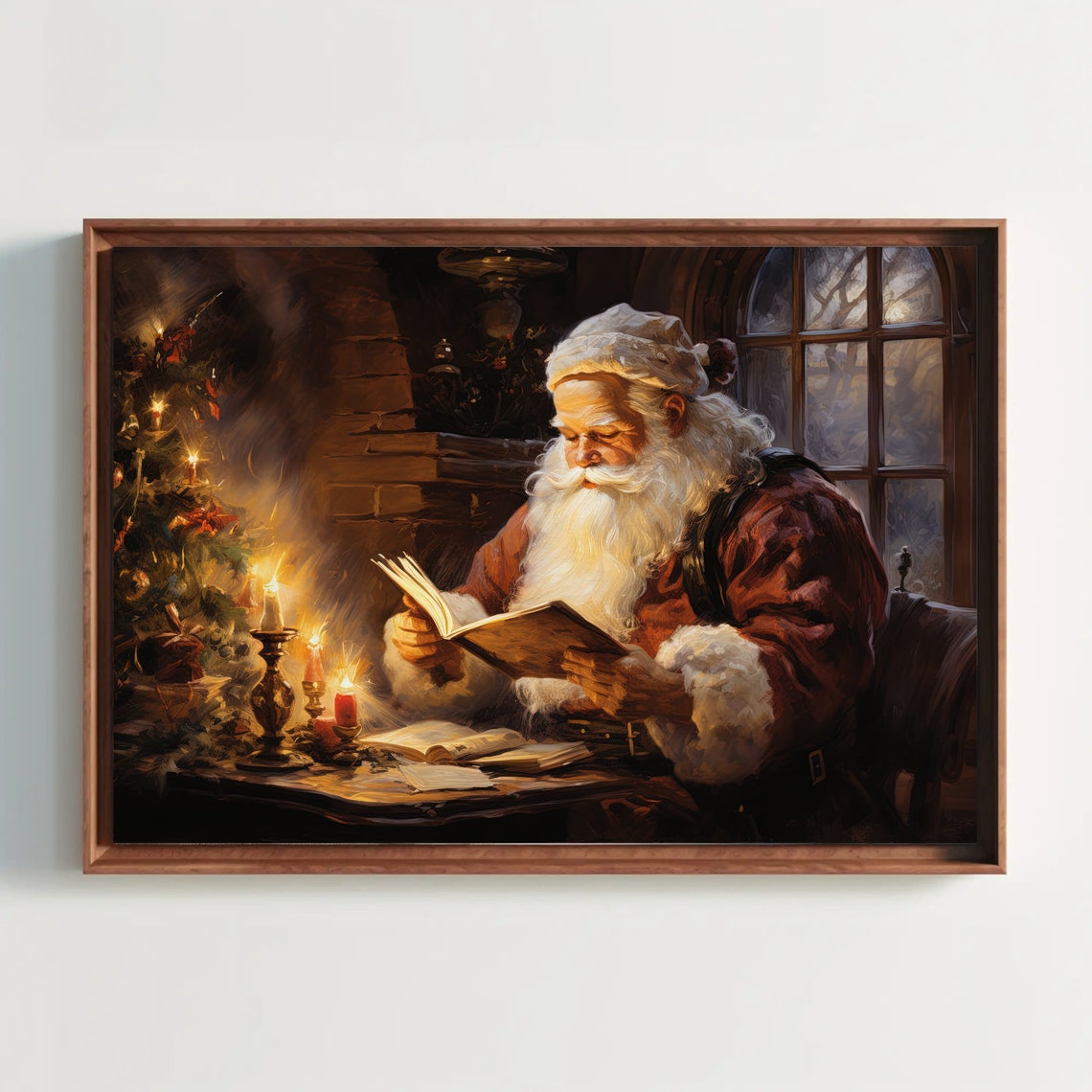Santa Claus Reading Book Candlelight Christmas Eve Painting Poster