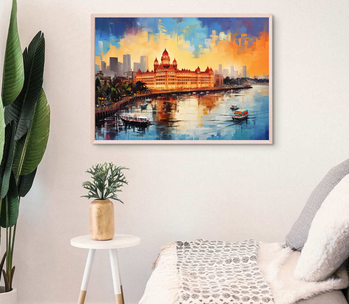 Mumbai Taj Mahal Palace Hotel Harbour Sunset Oil Painting Poster - Image 3