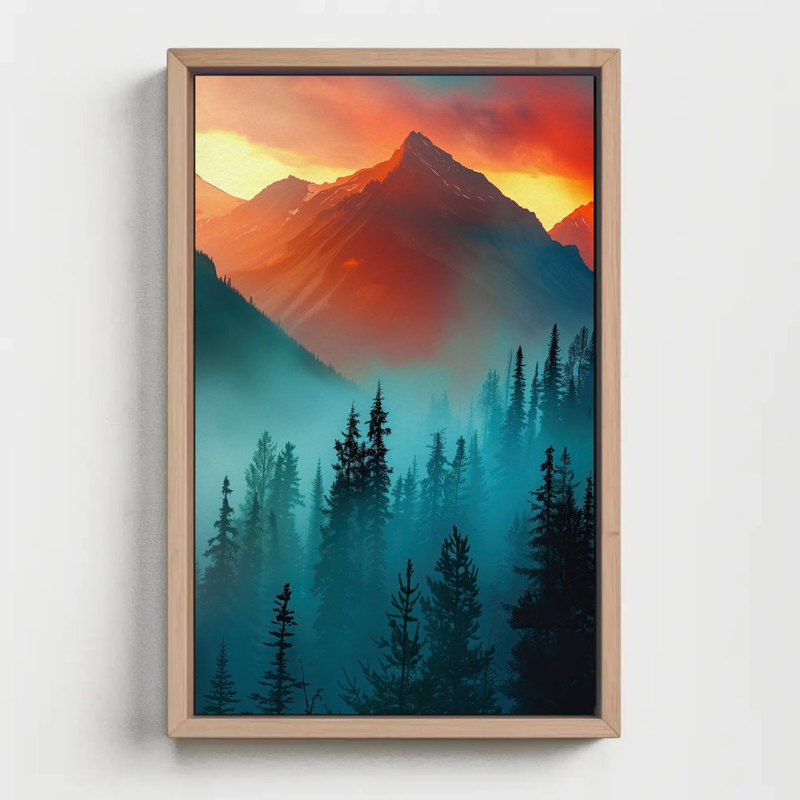 Mountain Sunset Over Misty Pine Forest Poster With Warm Evening Glow