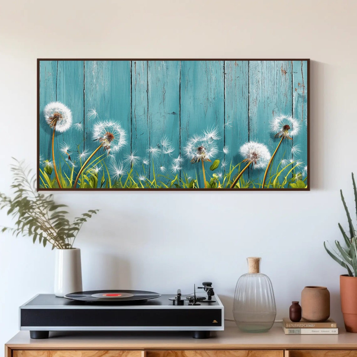 Dandelion Seed Heads Teal Wood Plank Panoramic Botanical Poster