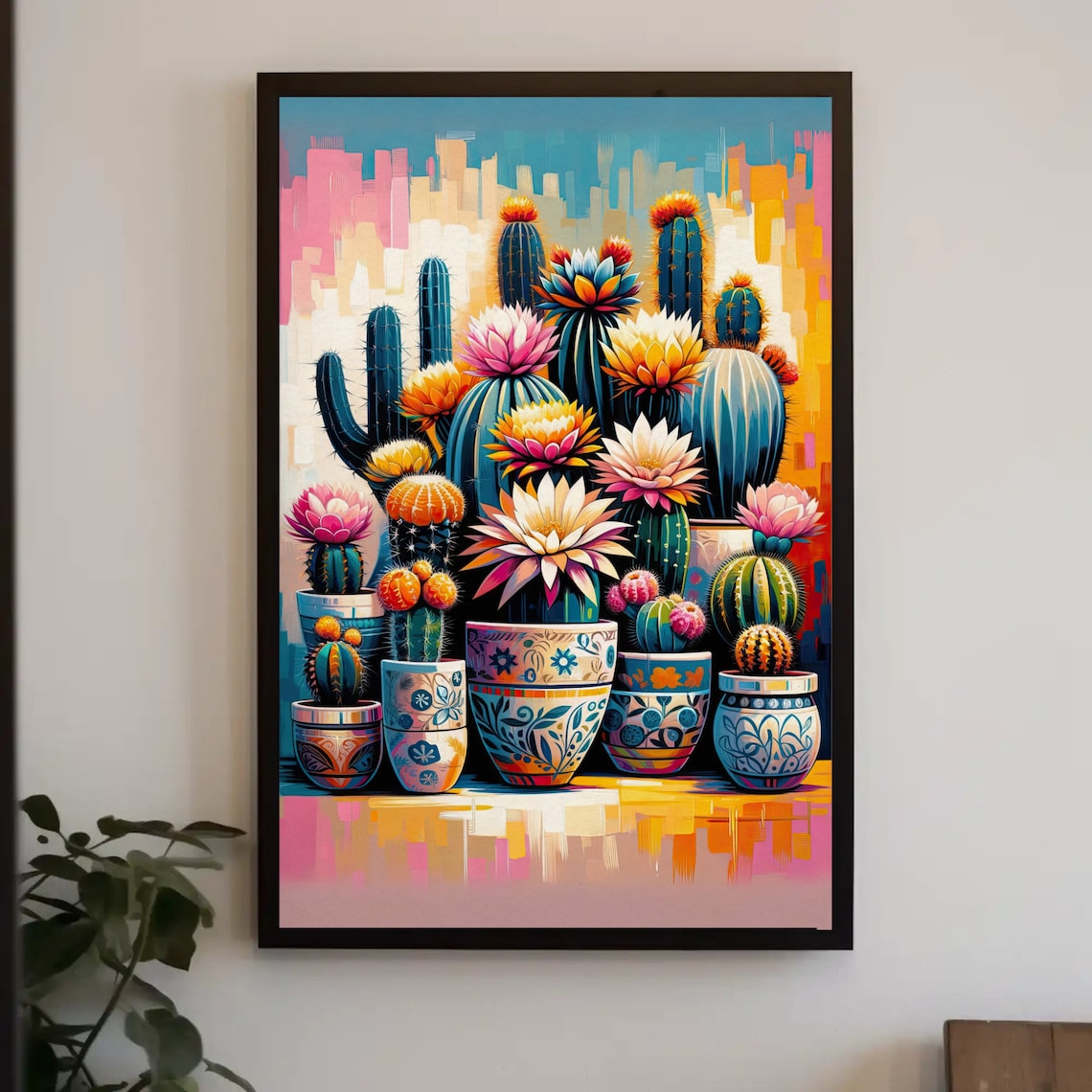 Colorful Cactus Garden In Decorative Pots Vibrant Mexican Poster