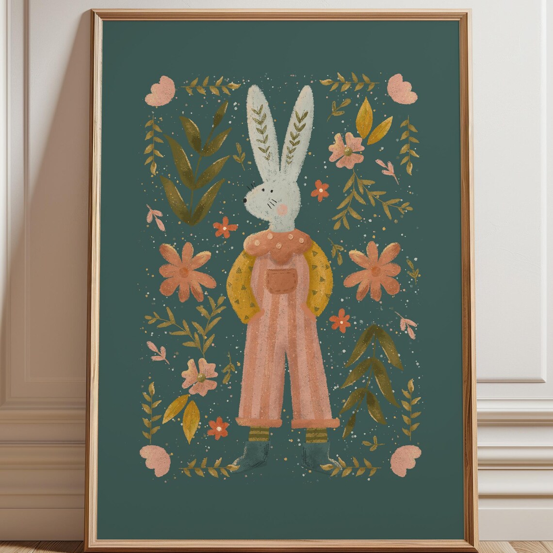 Cute Bunny In Overalls Teal Floral Botanical Nursery Kids Room Poster