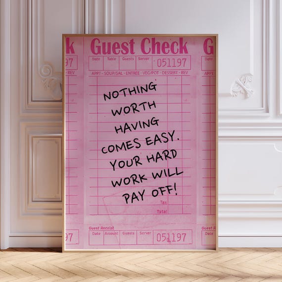 Pink Guest Check Print Motivational Quote Wall Art Trendy Y2k Decor Preppy Room Poster